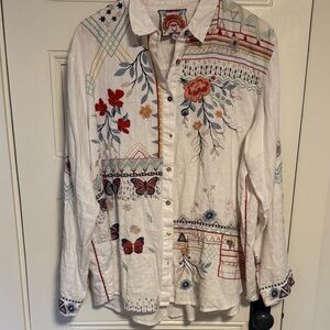 Johnny Was White Patch with Pink, Gold & Green Floral Embroidery